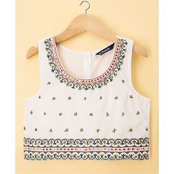 Pine Kids 100% Cotton Woven Sleeveless Sequinned Floral Choli & Lehenga Set With Dupatta - Navy Blue