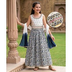 Pine Kids 100% Cotton Woven Sleeveless Sequinned Floral Choli & Lehenga Set With Dupatta - Navy Blue