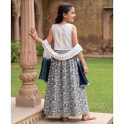 Pine Kids 100% Cotton Woven Sleeveless Sequinned Floral Choli & Lehenga Set With Dupatta - Navy Blue