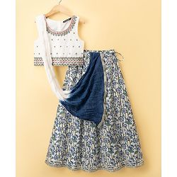 Pine Kids 100% Cotton Woven Sleeveless Sequinned Floral Choli & Lehenga Set With Dupatta - Navy Blue