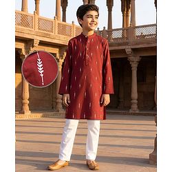Pine Kids Cotton Woven Full Sleeves Kurta Pyjama Set With Floral Print - Maroon