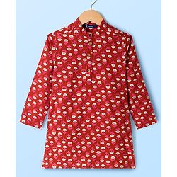 Pine Kids 100% Cotton Woven Full Sleeves Floral Printed Kurta & Pyjama Set - Red