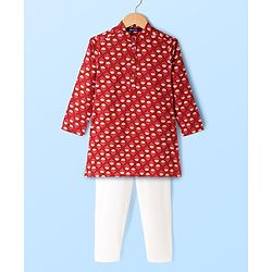 Pine Kids 100% Cotton Woven Full Sleeves Floral Printed Kurta & Pyjama Set - Red