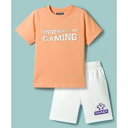 Pine Kids Single Jersey Knit Half Sleeves T-Shirt & Shorts Set with Gaming Print - Peach