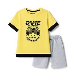 Pine Kids Single Jersey Knit Half Sleeves Game Printed T-Shirt & Shorts Set - Yellow