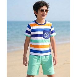 Pine Kids Single Jersey Knit Half Sleeves Striped T-Shirt with Text Print - White