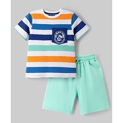 Pine Kids Single Jersey Knit Half Sleeves Striped T-Shirt with Text Print - White