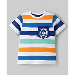 Pine Kids Single Jersey Knit Half Sleeves Striped T-Shirt with Text Print - White