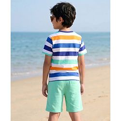 Pine Kids Single Jersey Knit Half Sleeves Striped T-Shirt with Text Print - White