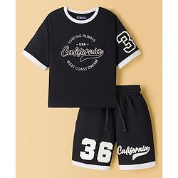 Pine Kids Single Jersey Knit Drop Shoulder Half Sleeves T-Shirt & Shorts Set with California Print - Black