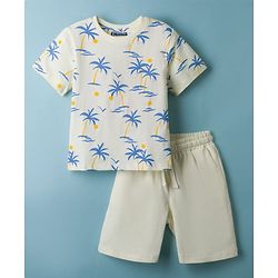 Pine Kids Single Jersey Knit Half Sleeves T-Shirt & Shorts Set With Tree Print - White