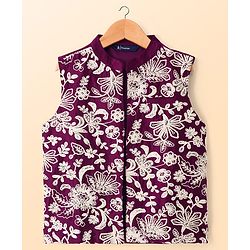 Pine Kids Woven Full Sleeves Kurta Pyjama Set With Floral Embroidered Nehru Jacket - Wine