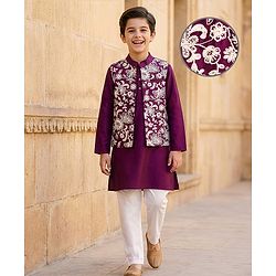 Pine Kids Woven Full Sleeves Kurta Pyjama Set With Floral Embroidered Nehru Jacket - Wine