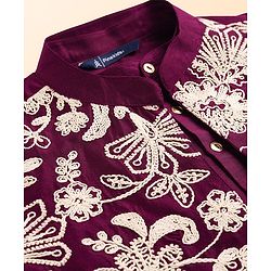 Pine Kids Woven Full Sleeves Kurta Pyjama Set With Floral Embroidered Nehru Jacket - Wine