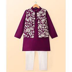Pine Kids Woven Full Sleeves Kurta Pyjama Set With Floral Embroidered Nehru Jacket - Wine