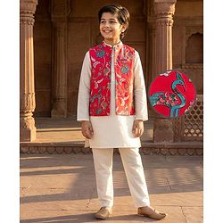 Pine Kids Woven Full Sleeves Kurta Pajama Set with Jacket & Floral Print - White