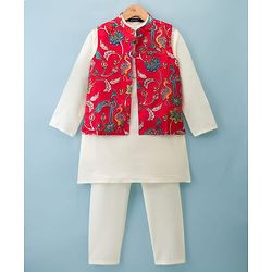 Pine Kids Woven Full Sleeves Kurta Pajama Set with Jacket & Floral Print - White