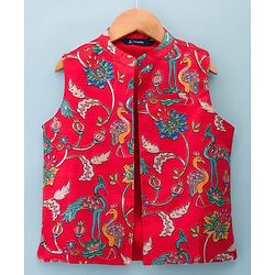 Pine Kids Woven Full Sleeves Kurta Pajama Set with Jacket & Floral Print - White