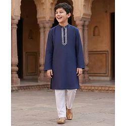 Pine Kids Woven Full Sleeves Kurta Pajama Set with Embroidery - Navy Blue