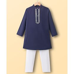 Pine Kids Woven Full Sleeves Kurta Pajama Set with Embroidery - Navy Blue