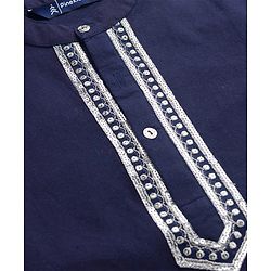Pine Kids Woven Full Sleeves Kurta Pajama Set with Embroidery - Navy Blue