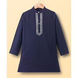 Pine Kids Woven Full Sleeves Kurta Pajama Set with Embroidery - Navy Blue