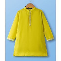 Pine Kids Woven Full Sleeves Kurta Pyjama Set With Floral Embroidery - Lime Green & White