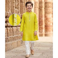 Pine Kids Woven Full Sleeves Kurta Pyjama Set With Floral Embroidery - Lime Green & White