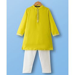 Pine Kids Woven Full Sleeves Kurta Pyjama Set With Floral Embroidery - Lime Green & White