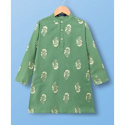 Pine Kids Woven Full Sleeves Kurta Pyjama Set With Foil Floral Print - Olive Green & White