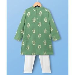 Pine Kids Woven Full Sleeves Kurta Pyjama Set With Foil Floral Print - Olive Green & White
