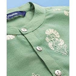 Pine Kids Woven Full Sleeves Kurta Pyjama Set With Foil Floral Print - Olive Green & White