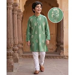 Pine Kids Woven Full Sleeves Kurta Pyjama Set With Foil Floral Print - Olive Green & White