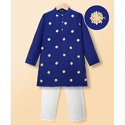 Pine Kids Woven Full Sleeves Kurta & Pajama Set With Floral Embroidery - Royal Blue