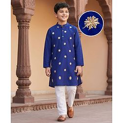 Pine Kids Woven Full Sleeves Kurta & Pajama Set With Floral Embroidery - Royal Blue