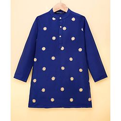 Pine Kids Woven Full Sleeves Kurta & Pajama Set With Floral Embroidery - Royal Blue