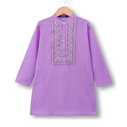 Pine Kids Woven Full Sleeves Kurta Pyjama Set With Floral Embroidery & Sequin Detailing - Purple & White