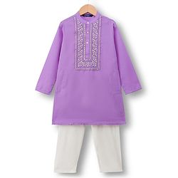 Pine Kids Woven Full Sleeves Kurta Pyjama Set With Floral Embroidery & Sequin Detailing - Purple & White