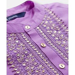 Pine Kids Woven Full Sleeves Kurta Pyjama Set With Floral Embroidery & Sequin Detailing - Purple & White