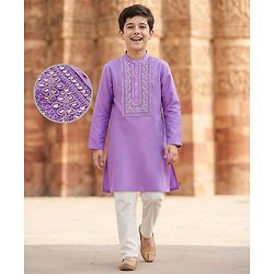 Pine Kids Woven Full Sleeves Kurta Pyjama Set With Floral Embroidery & Sequin Detailing - Purple & White