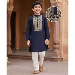 Pine Kids Woven Full Sleeves Kurta Pajama Set with Embroidery - Navy Blue