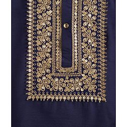 Pine Kids Woven Full Sleeves Kurta Pajama Set with Embroidery - Navy Blue