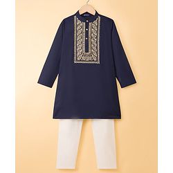 Pine Kids Woven Full Sleeves Kurta Pajama Set with Embroidery - Navy Blue