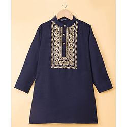 Pine Kids Woven Full Sleeves Kurta Pajama Set with Embroidery - Navy Blue