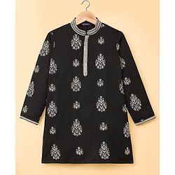 Pine Kids Woven Full Sleeves Kurta Pajama Set with Embroidery - Black
