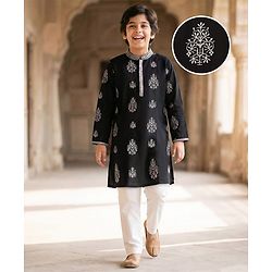 Pine Kids Woven Full Sleeves Kurta Pajama Set with Embroidery - Black
