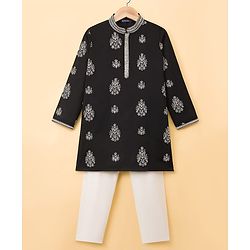 Pine Kids Woven Full Sleeves Kurta Pajama Set with Embroidery - Black