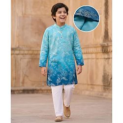 Pine Kids Woven Full Sleeves Kurta Pajama Set with Floral Embroidery - Blue