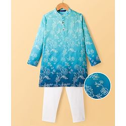 Pine Kids Woven Full Sleeves Kurta Pajama Set with Floral Embroidery - Blue