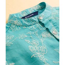Pine Kids Woven Full Sleeves Kurta Pajama Set with Floral Embroidery - Blue